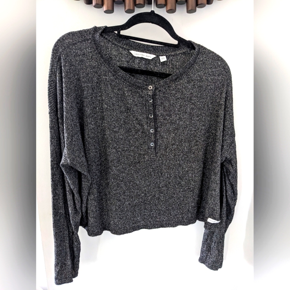 Calvin Klein Women's Dark Grey Ribbed Henley Button-Up Long Sleeve Top-Size US M
